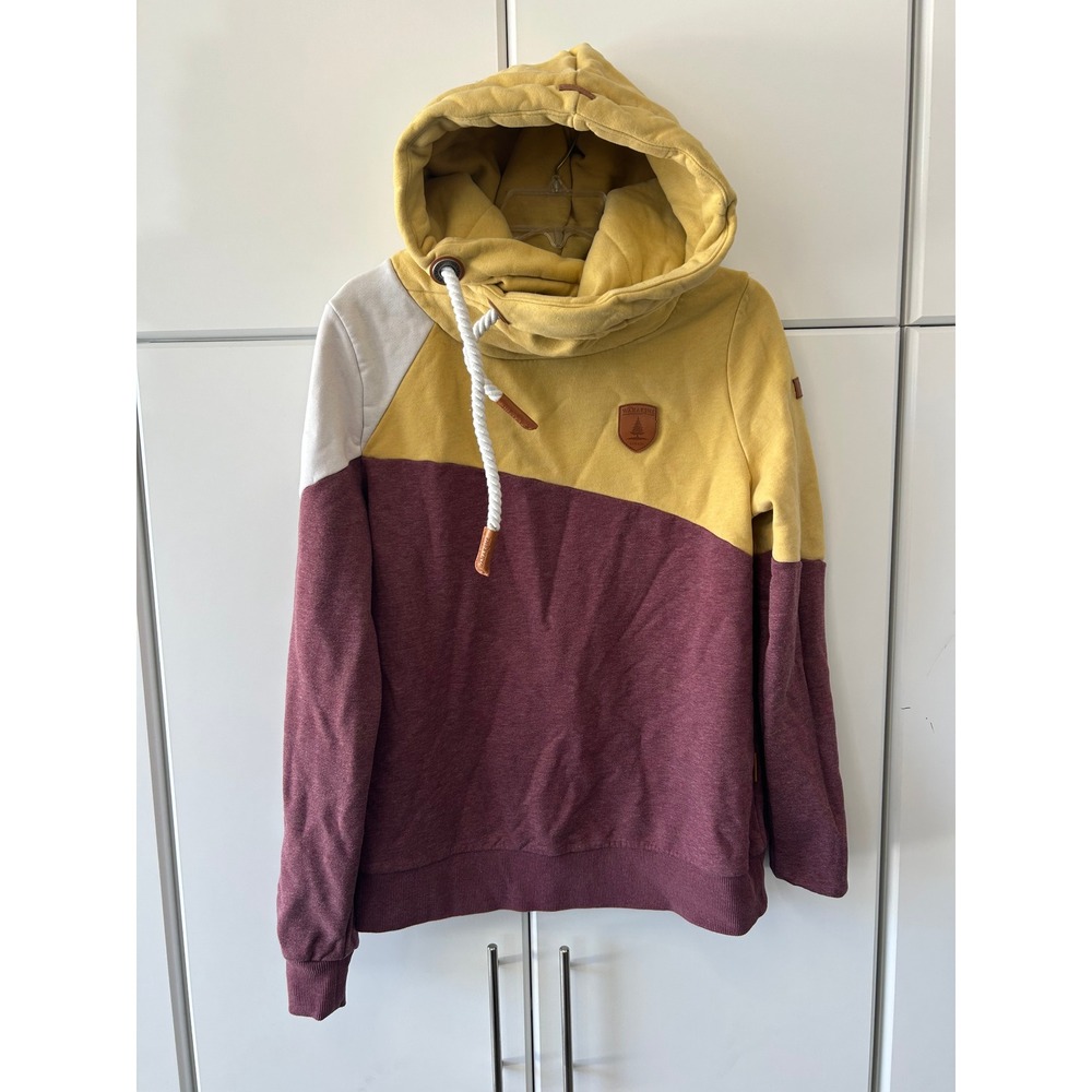 Wanakome Colorblock Cowl Neck Hoodie Yellow Burgundy Rope Drawstring Pullover